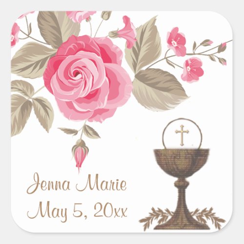 First Holy Communion Eucharist Flowers Square Sticker