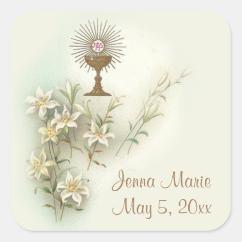 First Holy Communion Eucharist Flowers Square Sticker