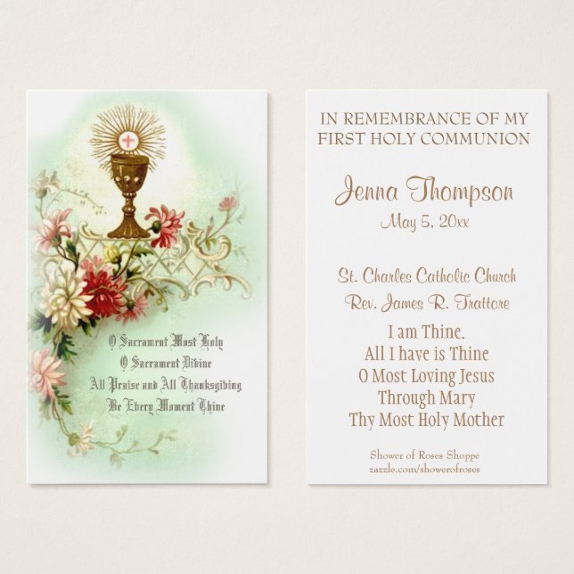 FIRST HOLY COMMUNION EUCHARIST PRAYER HOLY CARD (Front & Back)