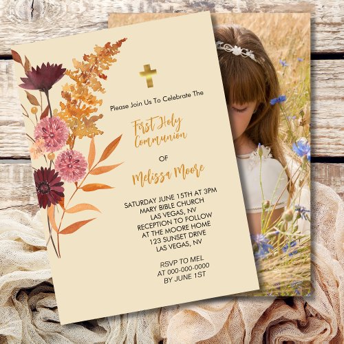 First Holy Communion Fall Boho Rustic Flower Invitation