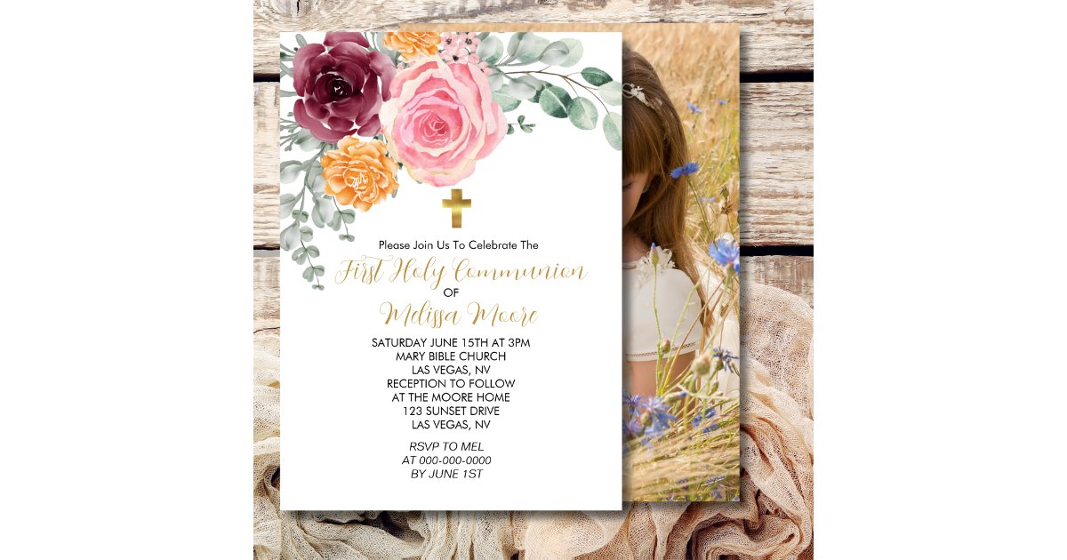 First Holy Communion Fall Pink Burgundy Floral Invitation | Zazzle