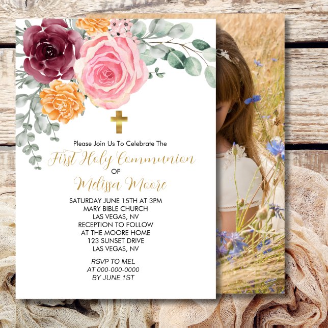 First Holy Communion Fall Pink Burgundy Floral Invitation (Creator Uploaded)