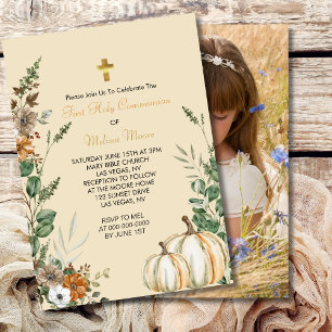 First Holy Communion Fall Rustic Brown Floral Invitation