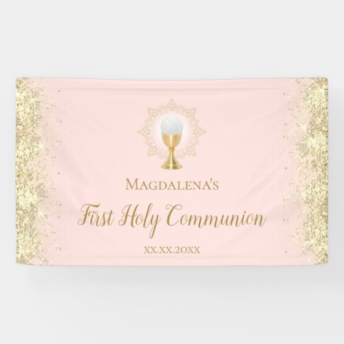 First Holy Communion faux gold glitter on pink Banner