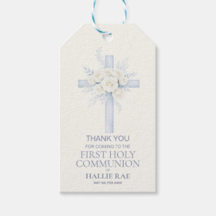 First Holy Communion Favor Tag, Blue Floral Cross Gift Tags