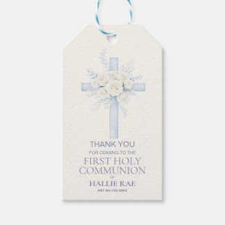First Holy Communion Favor Tag, Blue Floral Cross Gift Tags