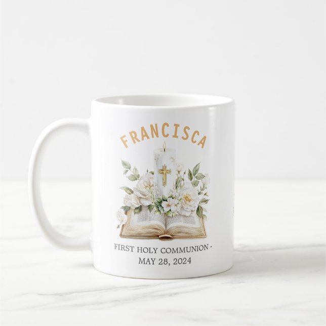 First Holy Communion Floral Bible Religious Coffee Mug (Left)
