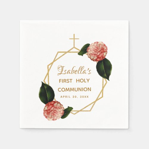 First Holy Communion Floral Camellia Gold Geometry Napkins