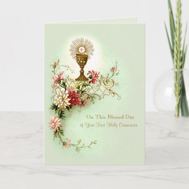 First Holy Communion Floral Chalice Blessing Holiday Card (Front)