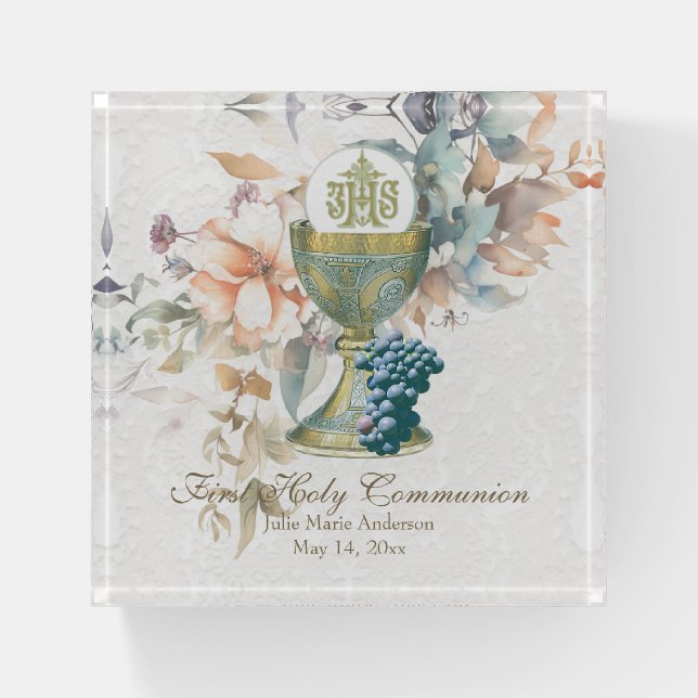 First Holy Communion Floral Chalice Host Paperweight (Front)