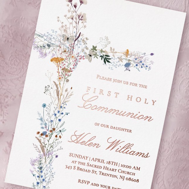 First Holy Communion floral cross Foil Invitation (Creator Uploaded)