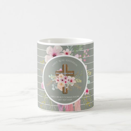 First Holy Communion Floral Cross Girls Sage Pink Coffee Mug