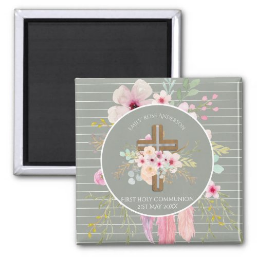First Holy Communion Floral Cross Girls Sage Pink Magnet