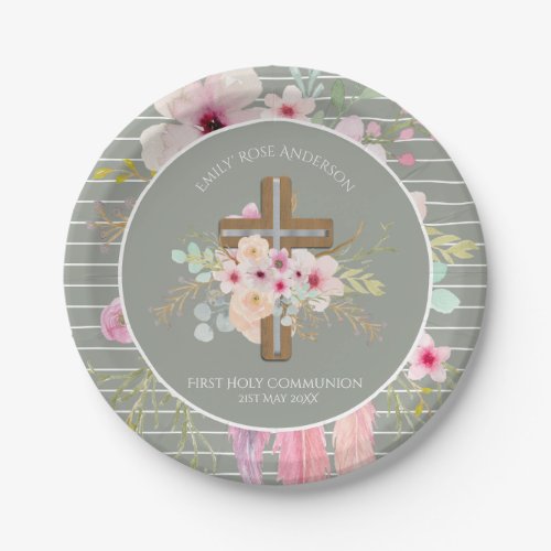 First Holy Communion Floral Cross Girls Sage Pink Paper Plates
