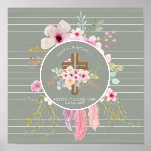 First Holy Communion Floral Cross Girls Sage Pink Poster