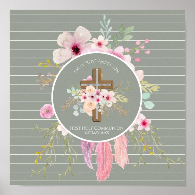 First Holy Communion Floral Cross Girls Sage Pink Poster (Front)