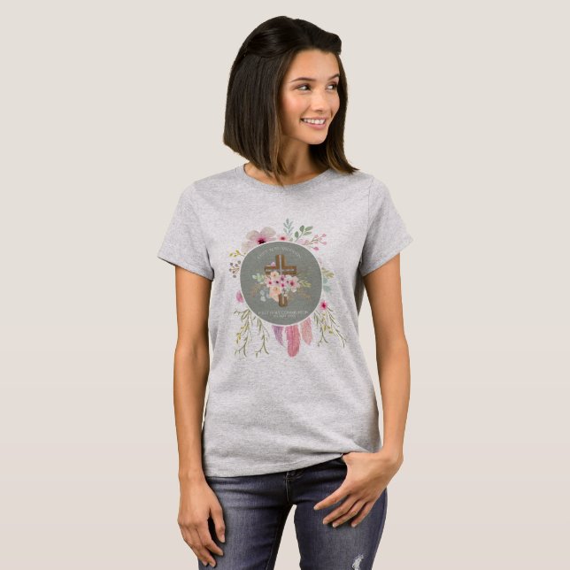 First Holy Communion Floral Cross Girls Sage Pink T-Shirt (Front Full)