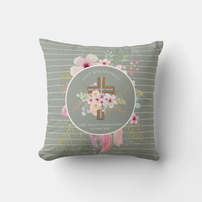 First Holy Communion Floral Cross Girls Sage Pink Throw Pillow (Front)