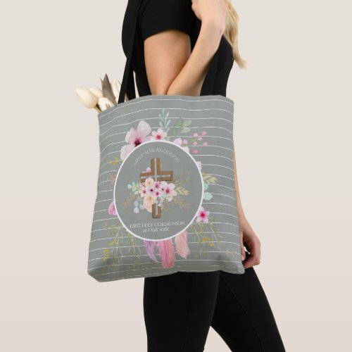 First Holy Communion Floral Cross Girls Sage Pink Tote Bag