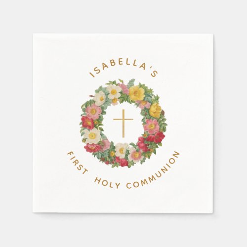First Holy Communion Floral Cross in Rose Wreath Napkins