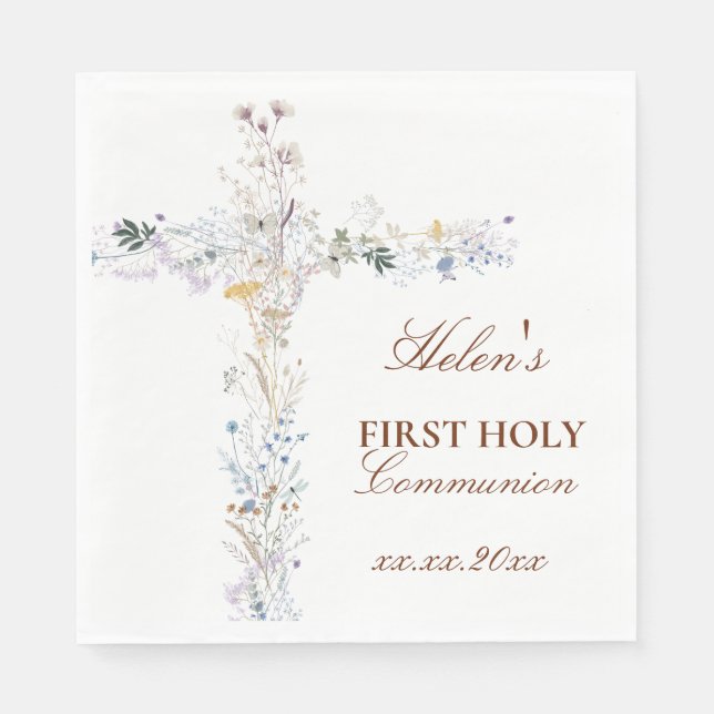 First Holy Communion floral cross Napkins (Front)