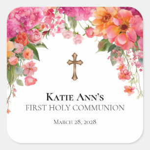 First Holy Communion Floral Custom Square Sticker