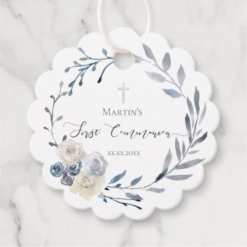 First Holy Communion floral dusty blue wreath  Favor Tags