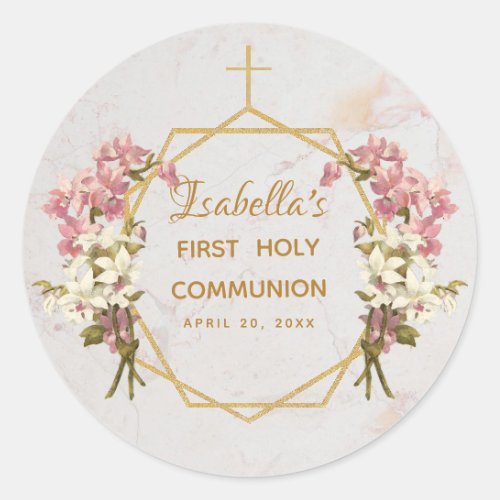 First Holy Communion Floral Gold Marble Orchids Classic Round Sticker