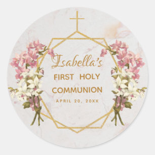 First Holy Communion Floral Gold Marble Orchids Classic Round Sticker