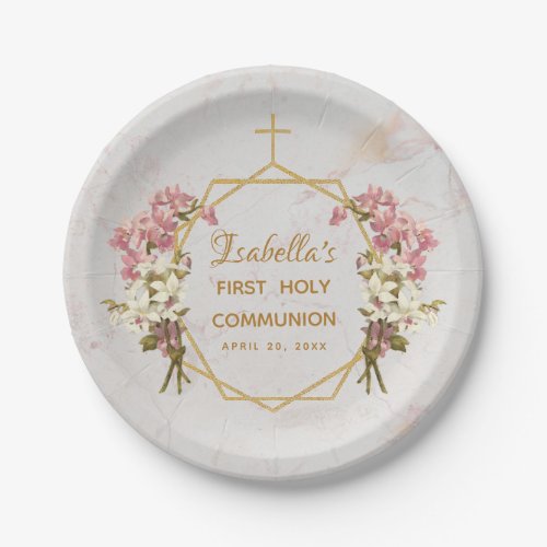 First Holy Communion Floral Gold Marble Orchids Paper Plates