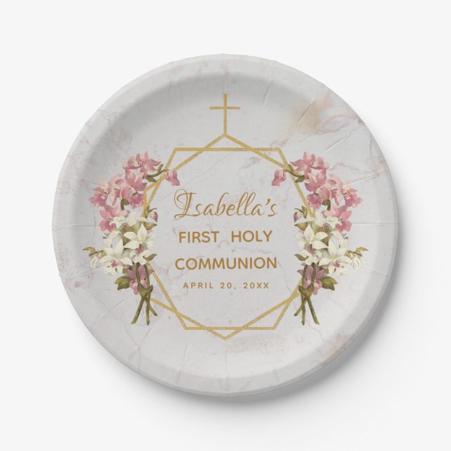 First Holy Communion Floral Gold Marble Orchids Paper Plates (Front)