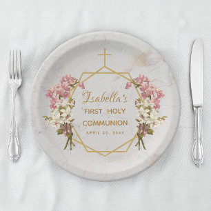 First Holy Communion Floral Gold Marble Orchids Paper Plates