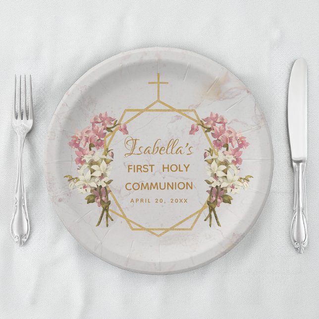 First Holy Communion Floral Gold Marble Orchids Paper Plates (Creator Uploaded)