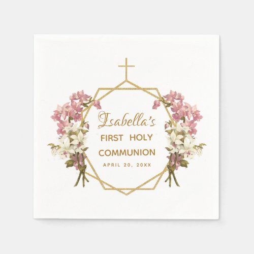 First Holy Communion Floral Gold Orchids Cross Napkins