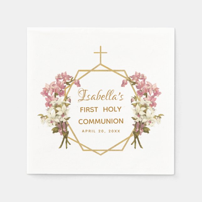 First Holy Communion Floral Gold Orchids Cross Napkins (Front)