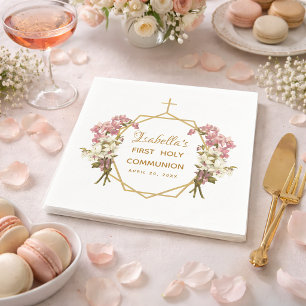 First Holy Communion Floral Gold Orchids Cross Napkins