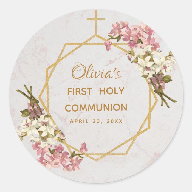 First Holy Communion Floral Gold Orchids Marble Classic Round Sticker (Front)