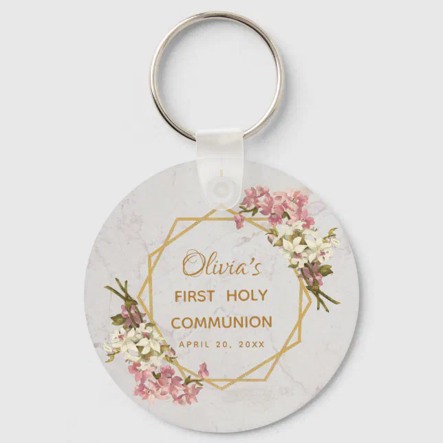 First Holy Communion Floral Gold Orchids Marble Keychain | Zazzle