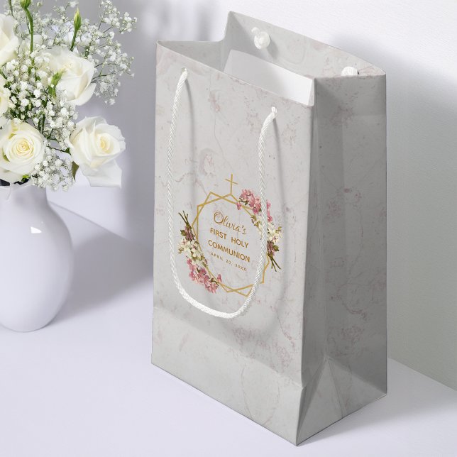 First Holy Communion Floral Gold Orchids Marble Small Gift Bag (Creator Uploaded)