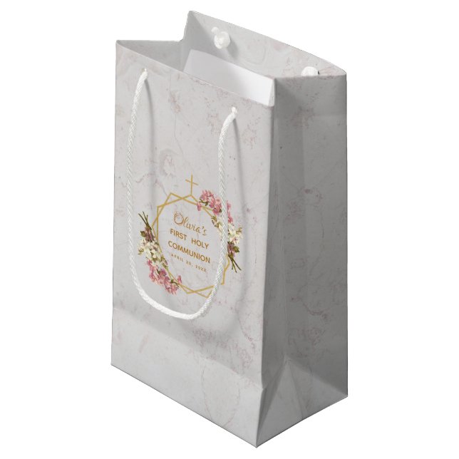 First Holy Communion Floral Gold Orchids Marble Small Gift Bag (Front Angled)
