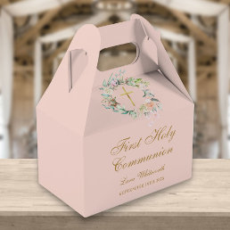 First Holy Communion Floral Gold Script Blush Pink Favor Boxes