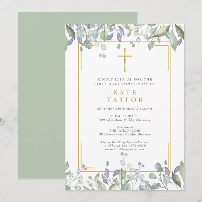  First Holy Communion Floral Greenery Gold Cross Invitation (Front/Back)
