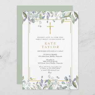 First Holy Communion Floral Greenery Gold Cross Invitation