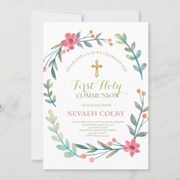 First Holy Communion Floral Invitation by ThreeFoursDesign at Zazzle