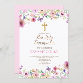 First Holy Communion Floral Invitations by ThreeFoursDesign at Zazzle