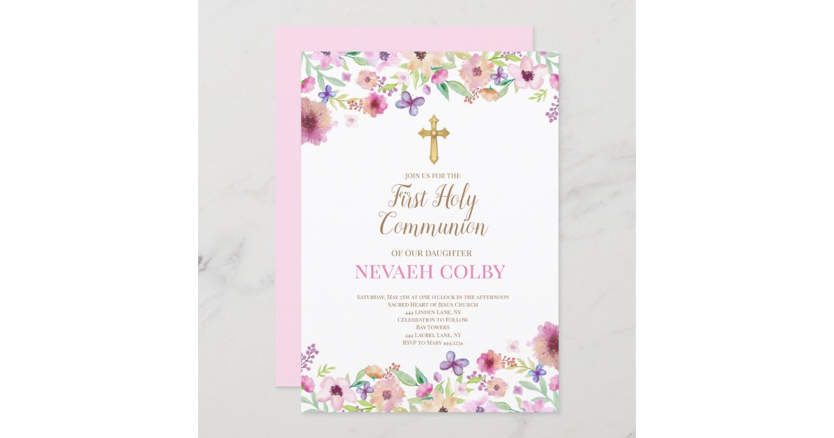 First Holy Communion Floral Invitations | Zazzle