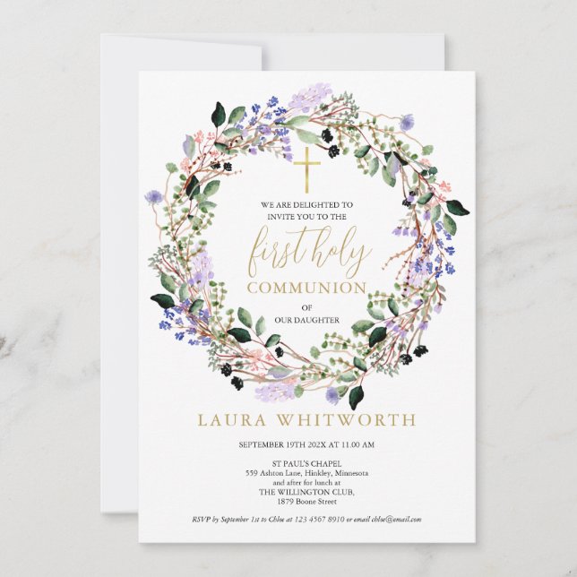 First Holy Communion Floral Lavender Garland Invitation (Front)