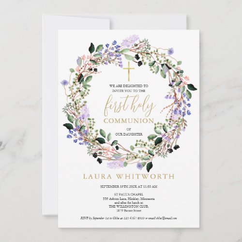 First Holy Communion Floral Lavender Garland Invitation