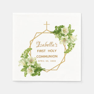 First Holy Communion Floral Lilies Gold Cross Napkins