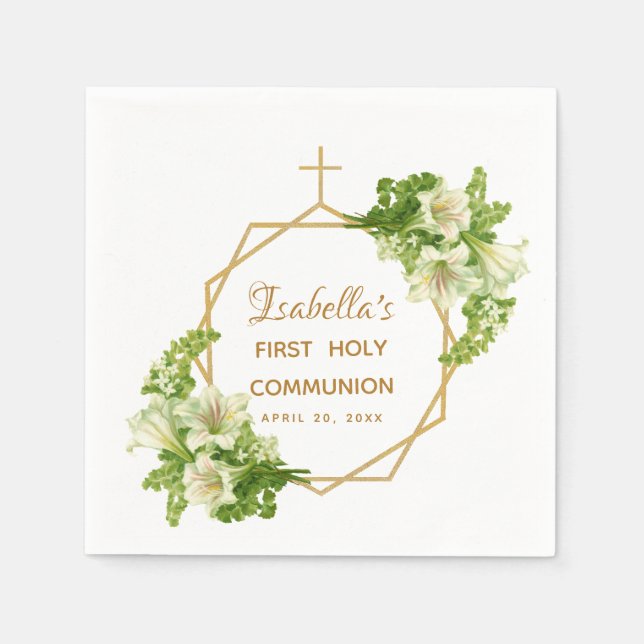 First Holy Communion Floral Lilies Gold Cross Napkins (Front)